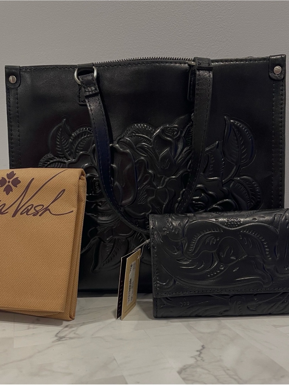 Patricia Nash Black Embossed Leather Tote with Coordinating Wallet - Picture 1 of 9